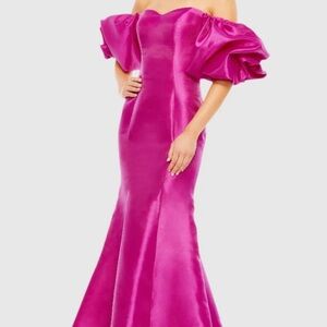 Mac Duggal Pink Wrap Gown with Puff Sleeves